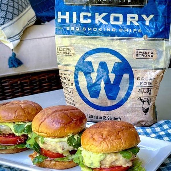 Chicken burgers with bag of Hickory smoking chips