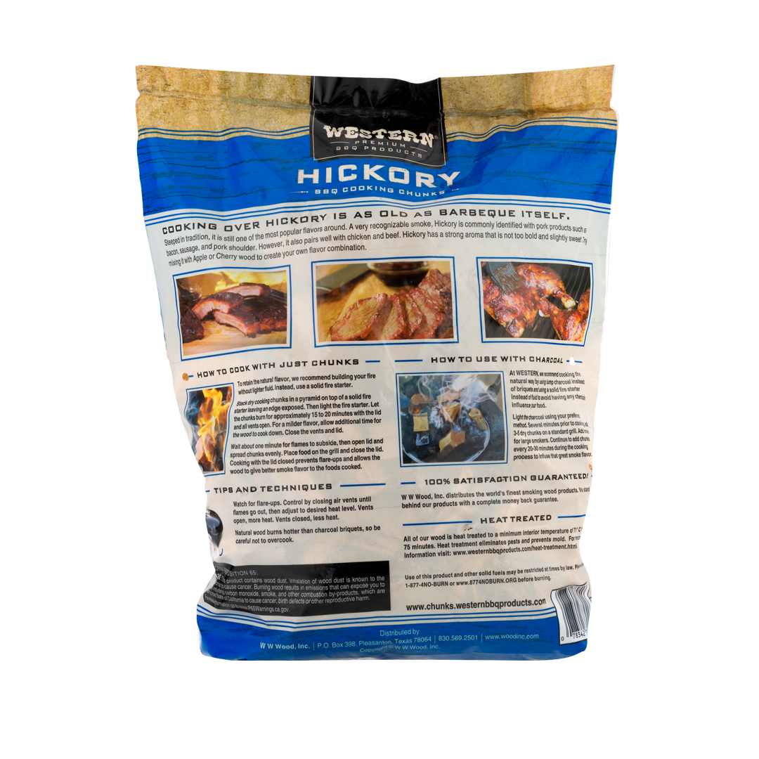 Back of bag of Western Premium Hickory BBQ Smoking Chunks