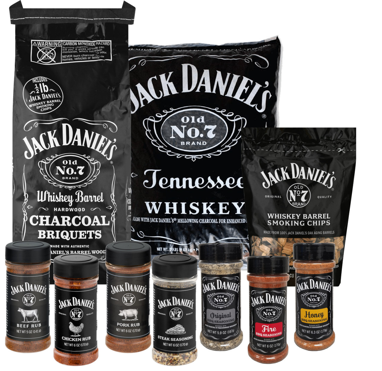 Assortment of Jack Daniel's Smoking Chips, Pellets Briquets, Rubs and Seasonings