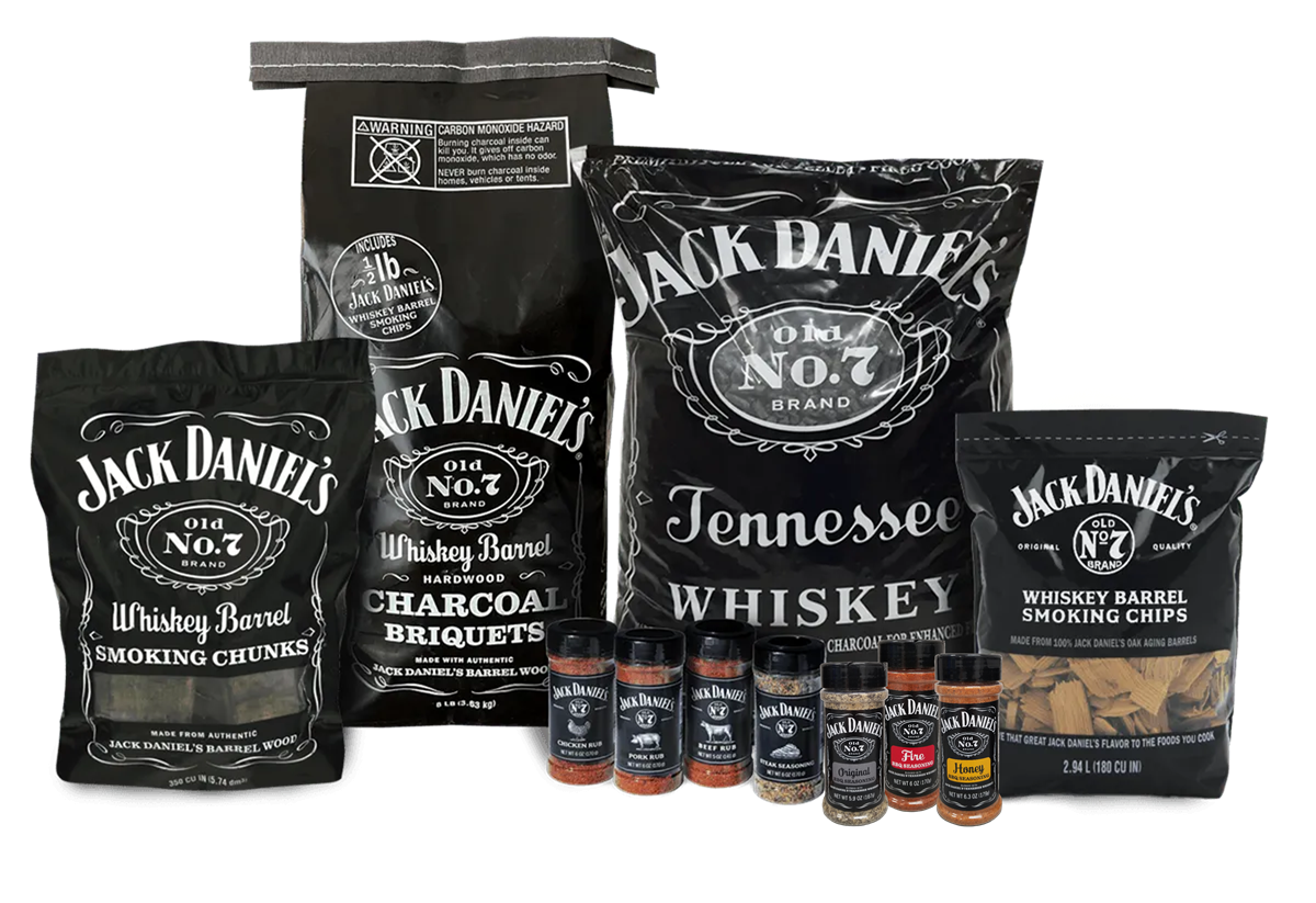 Assortment of Jack Daniel's Smoking Chips, Chunks, Briquets, Rubs and Seasonings