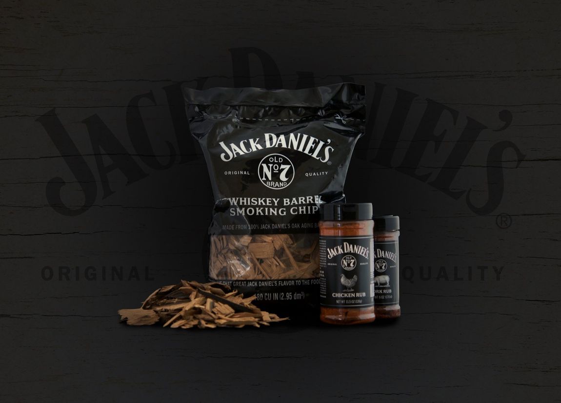 Bag of Jack Daniel's Whiskey Barrel Smoking Chips and Bottles of Chicken and Pork Rub