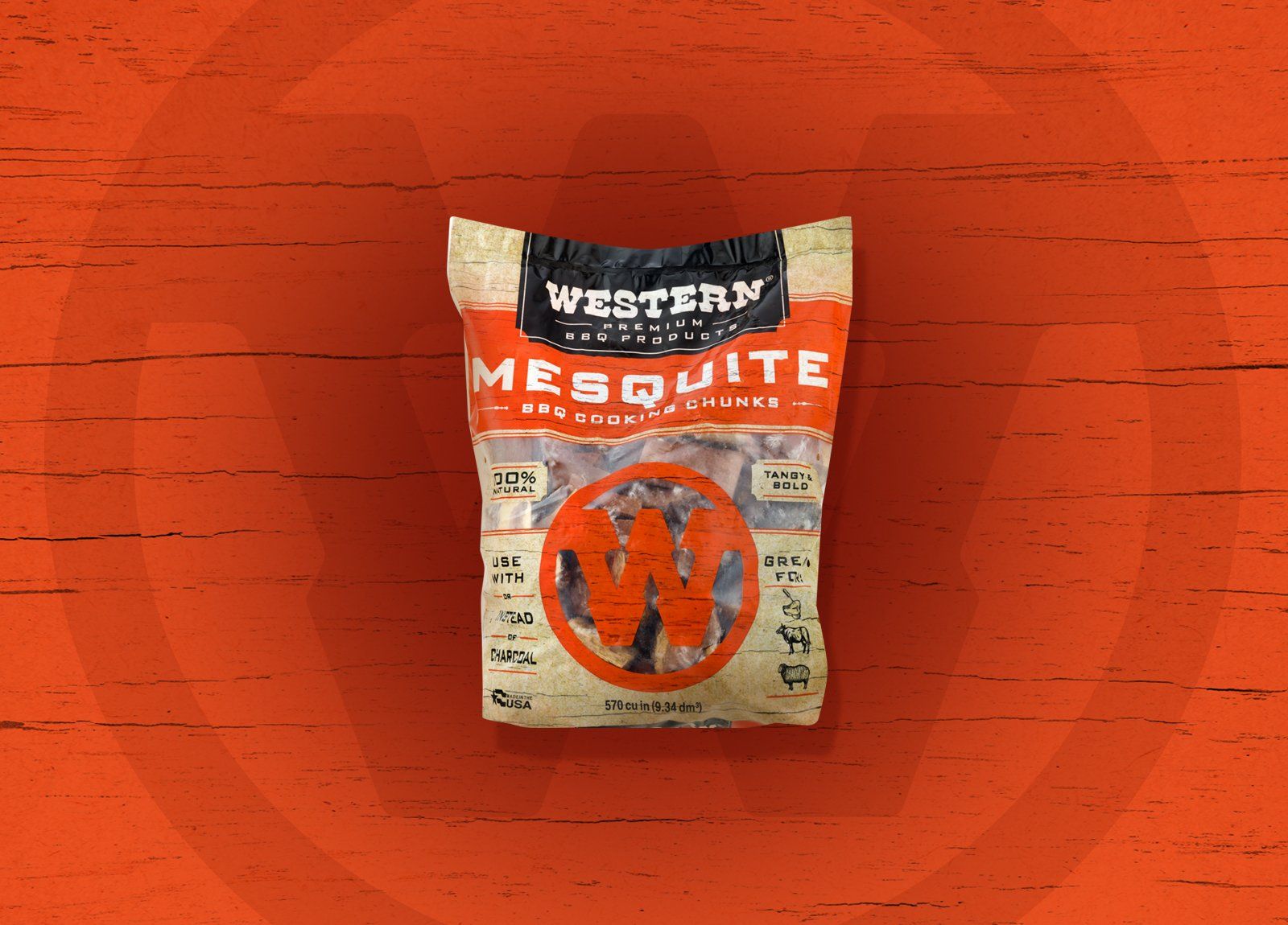 Bag of Western Mesquite Smoking Chips Bag on an orange background