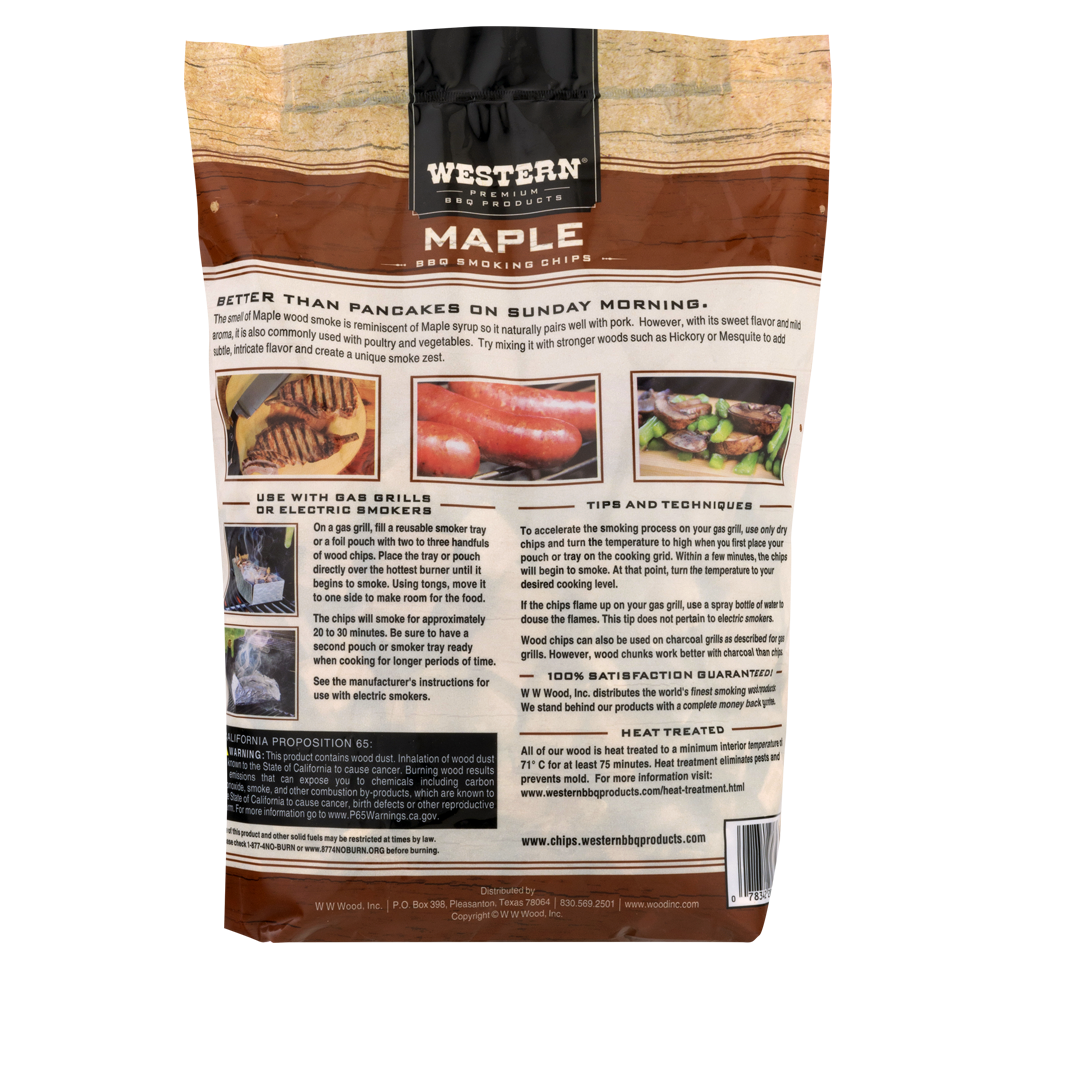 Back of bag of Western Premium Maple BBQ Smoking Chunks