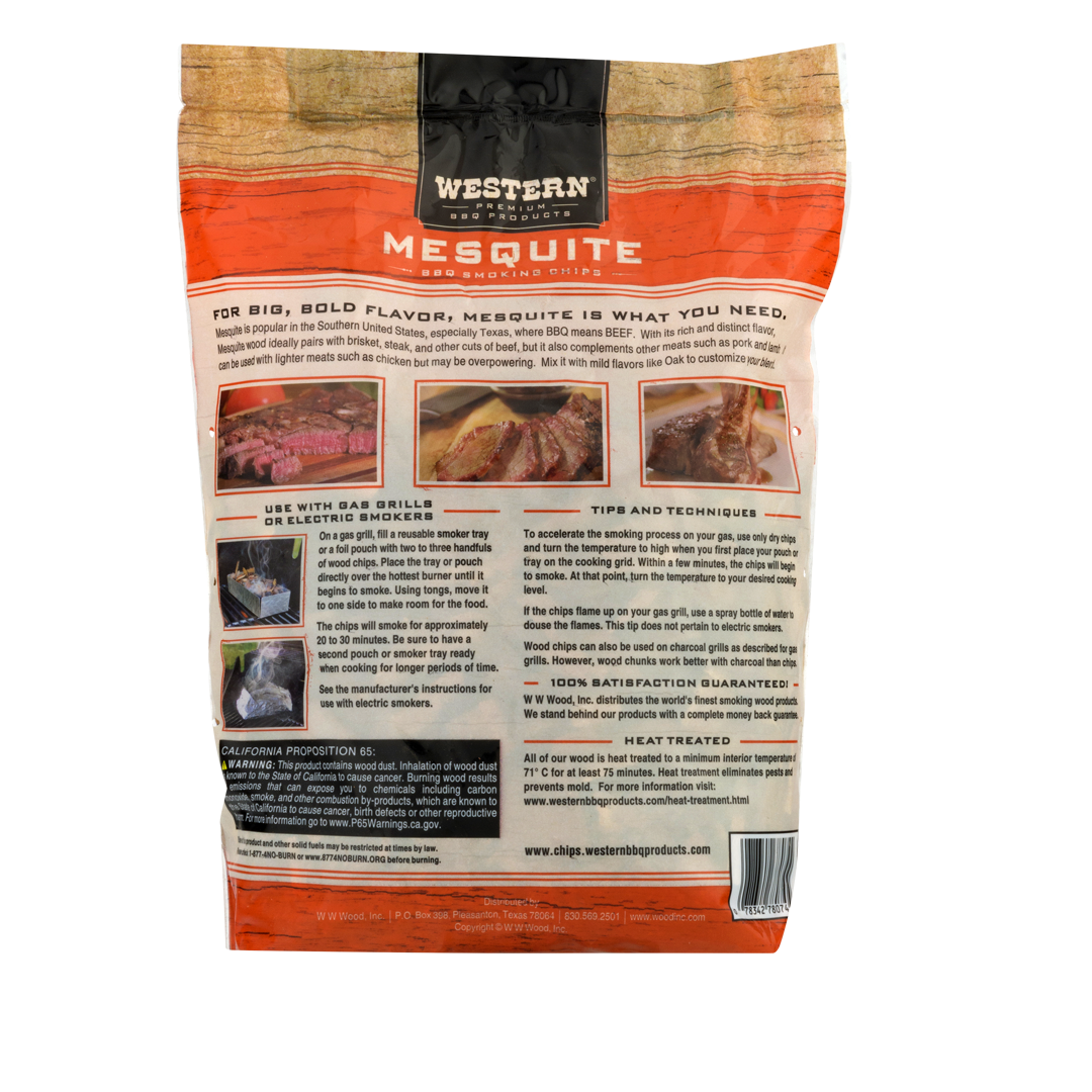 Back of bag of Western Premium Mesquite BBQ Smoking Chips