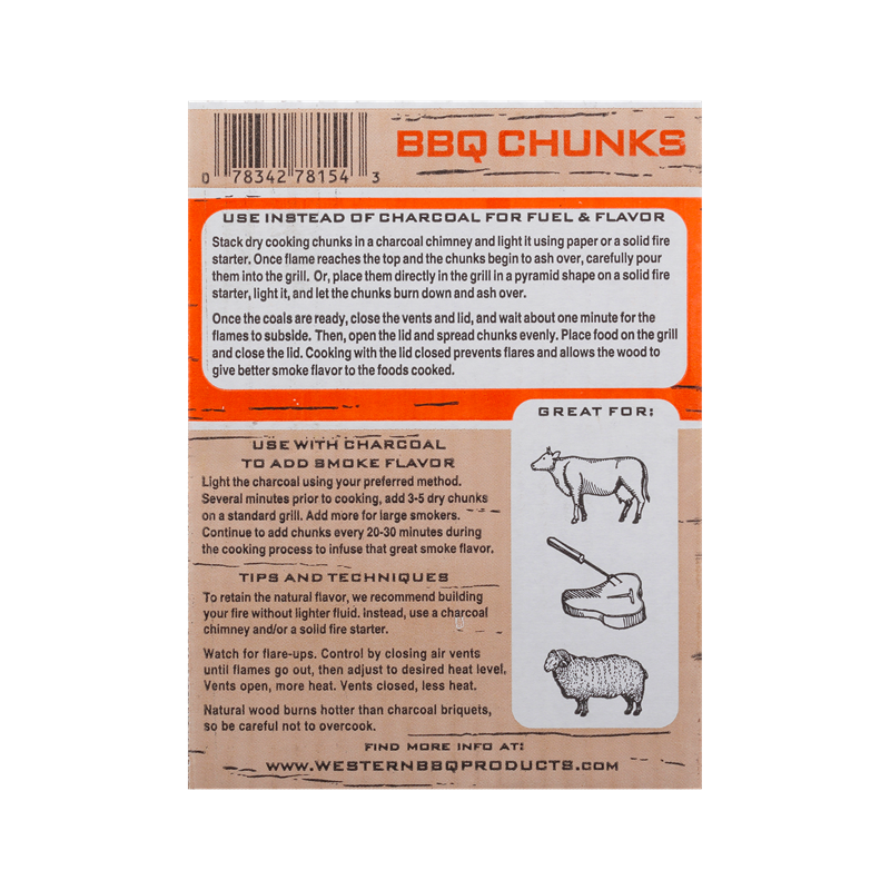 Back of box of Western Premium Mesquite BBQ Cooking Chunks