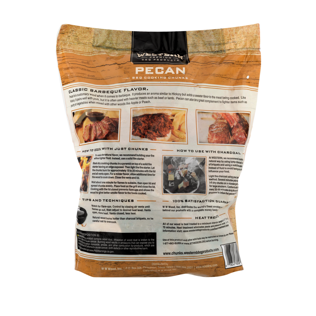 Back of bag of Western Premium Pecan BBQ Cooking Chunks