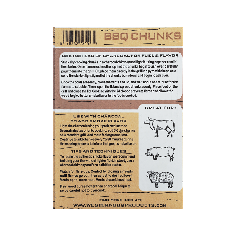 Back of box of Western Premium Pecan BBQ Cooking Chunks