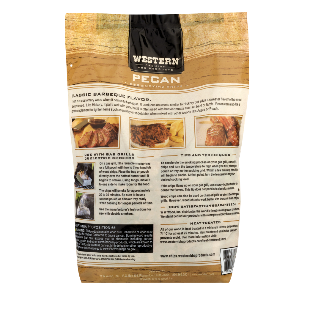 Back of bag of Western Premium Pecan BBQ Smoking Chips