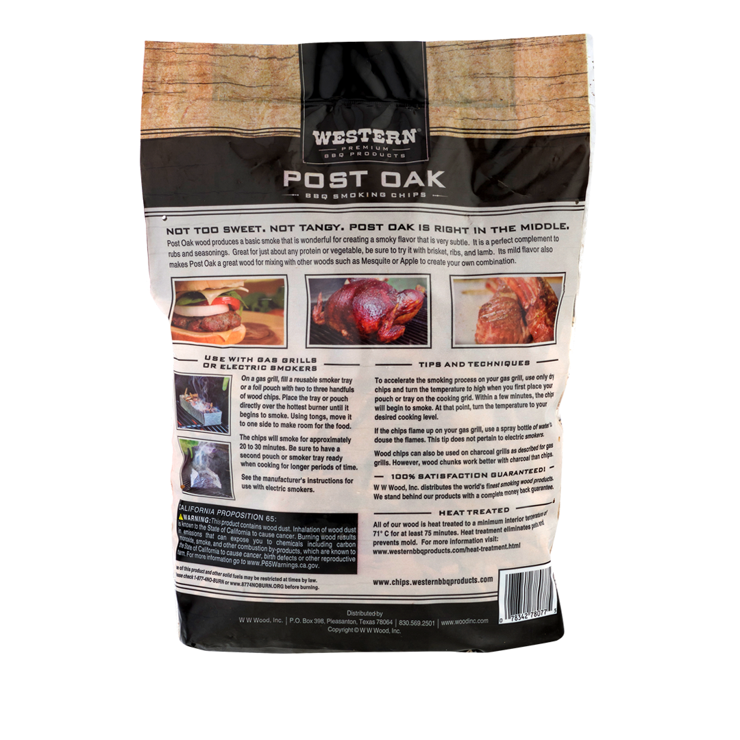 Back of bag of Western Premium Post Oak BBQ Smoking Chips