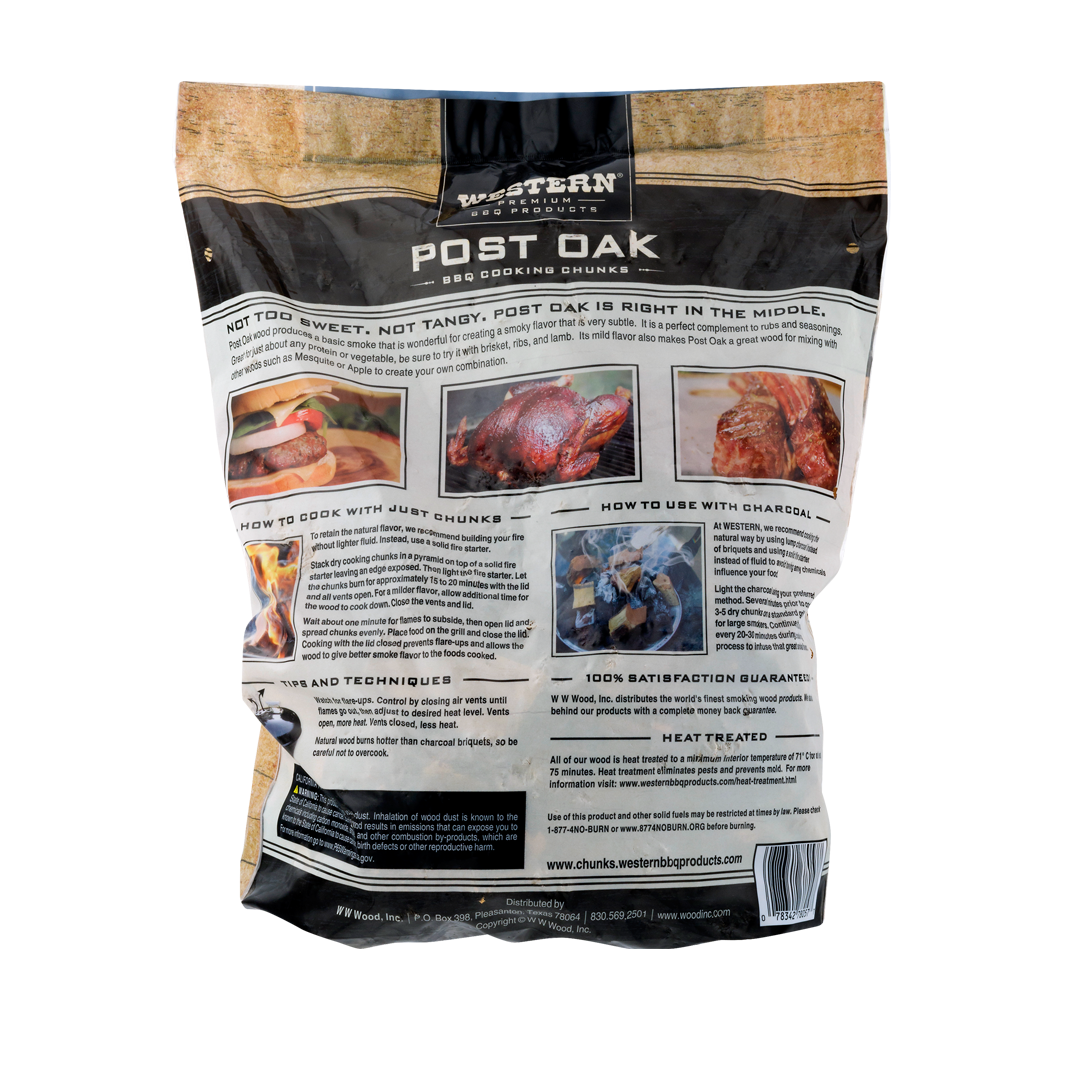 Back of bag of Western Premium Post Oak BBQ Cooking Chunks