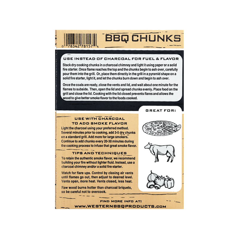 Back of box of Western Premium Post Oak BBQ Cooking Chunks