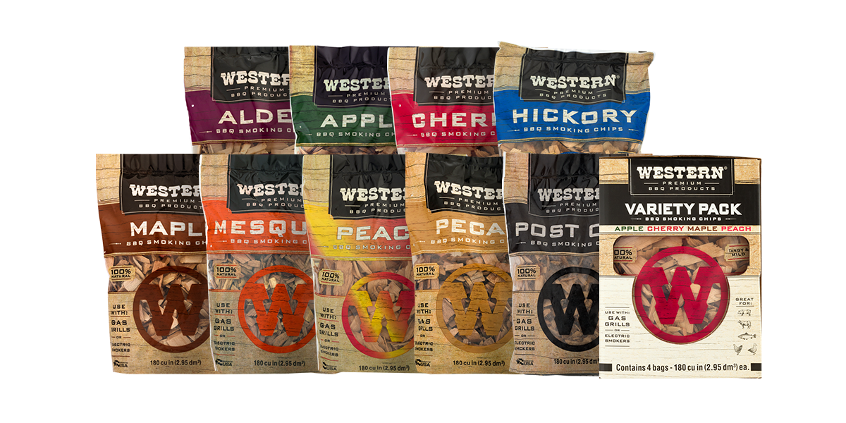 Assortment of Western Premium BBQ Smoking Chip Bags including Alder, Apple, Cherry and Hickory Chips