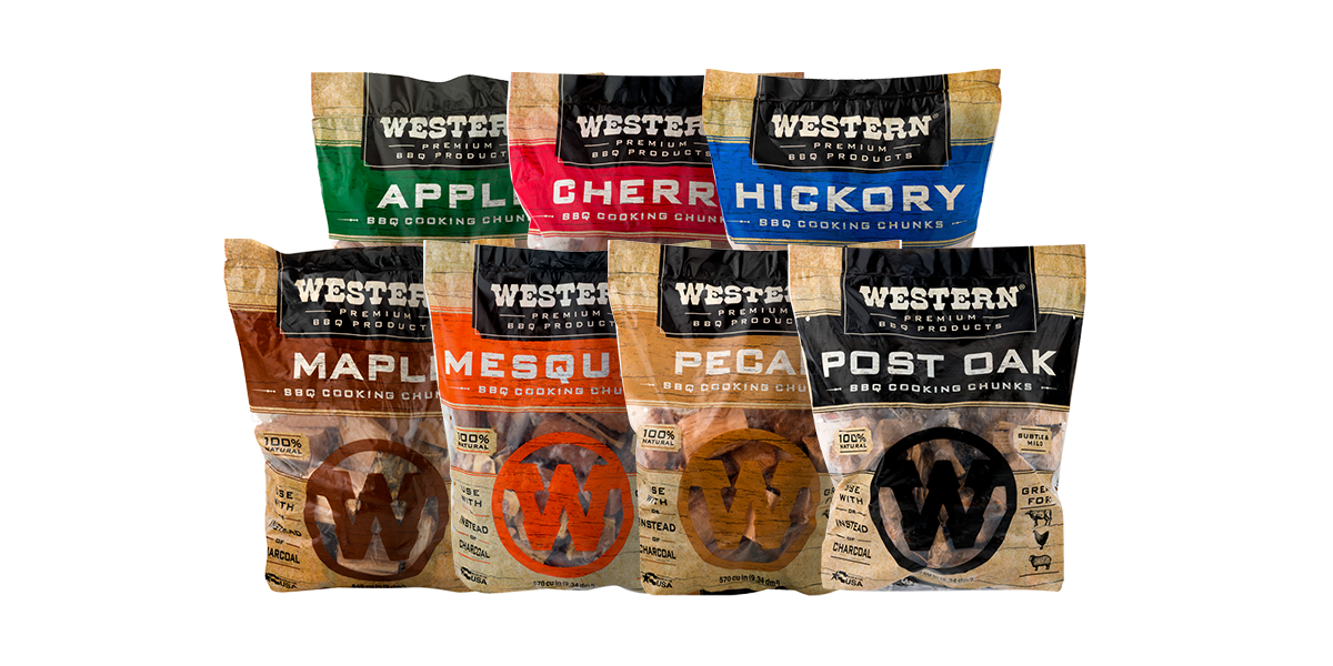 Assortment of Western Premium BBQ Cooking Chunk Bags including Apple, Cherry and Hickory Chunks