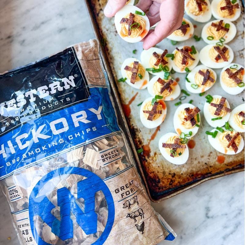 Western Hickory Chips with pan of finished deviled eggs