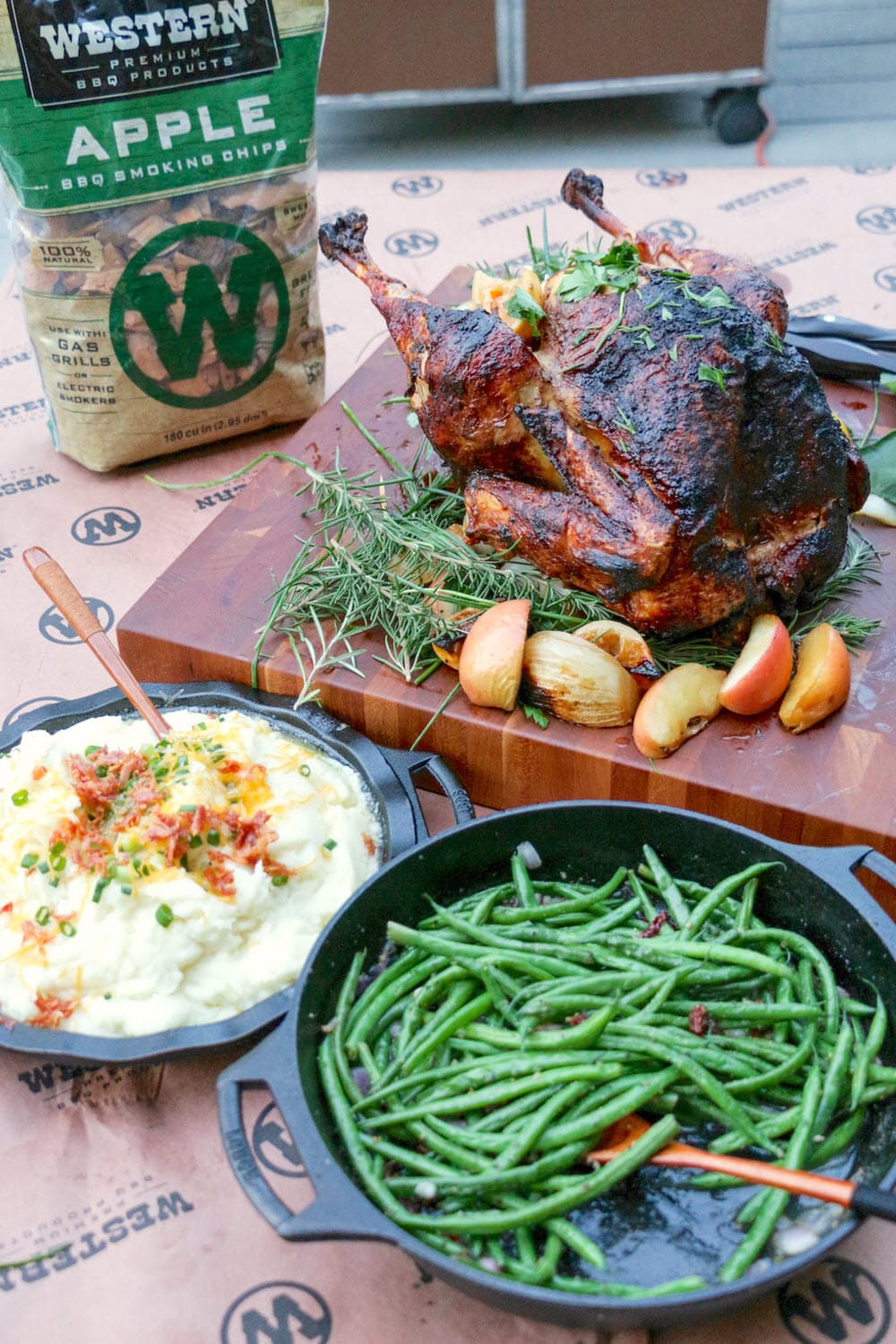 Rotisserie smoked turkey with green beans, mashed potatoes and bag of Western Apple Smoking Chips