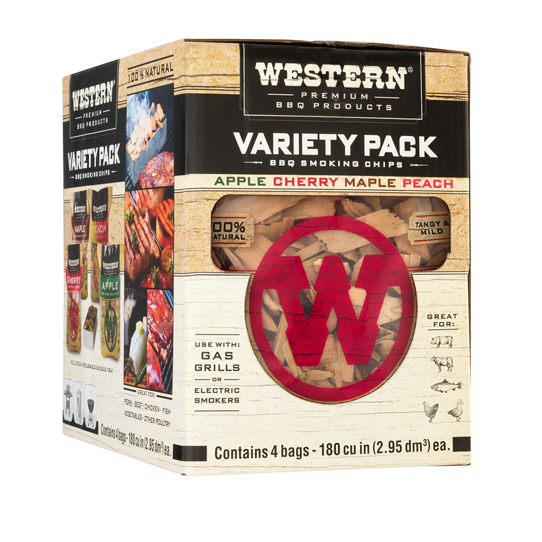 A variety pack box of assorted Western Premium BBQ Smoking Chips