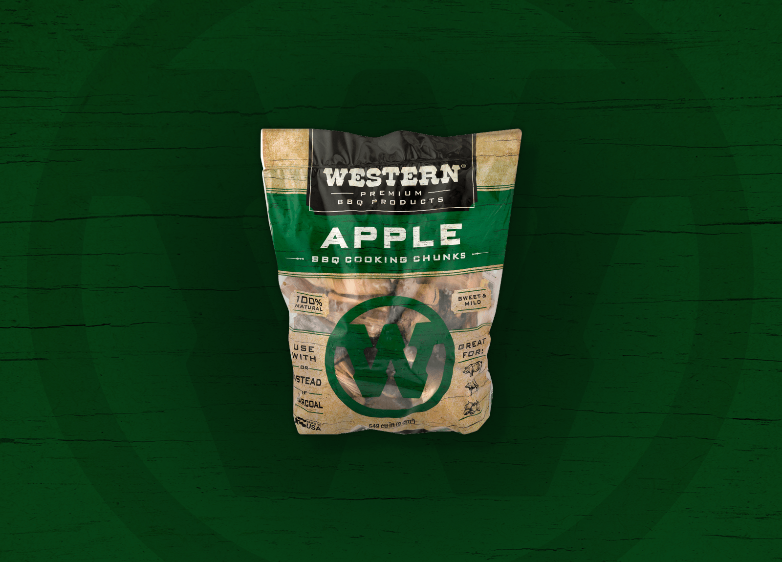 a bag of Western apple smoking chunks on a green background