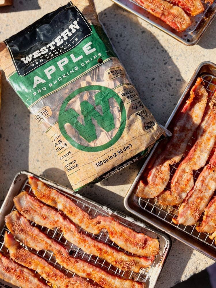 Prepped Bacon on sheet pans with Western Apple BBQ Smoking chips