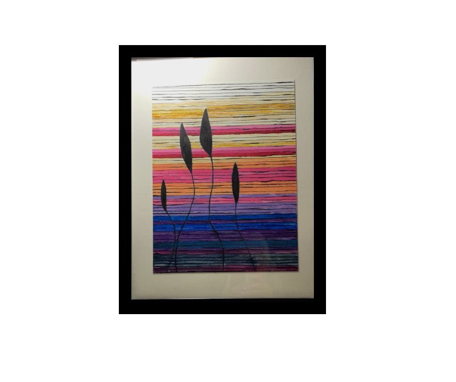 Framed artwork with colorful horizontal lines and silhouetted plant shapes against a black frame.  By Mary Berry - Art