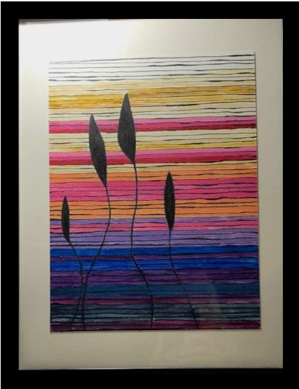 Artwork of silhouetted plants against a colorful horizontal striped background in a framed display.  By Mary Berry - Art