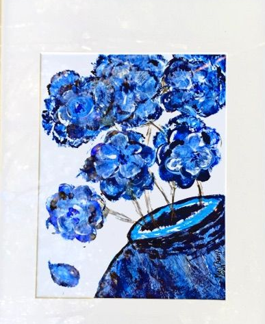 Blue hydrangeas in a dark blue vase against a white background; a loose, brushstroke style.  By Mary Berry - Art