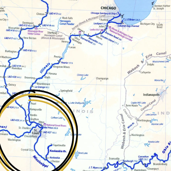 Map of Illinois, highlighted is St. Louis near Mississippi River.