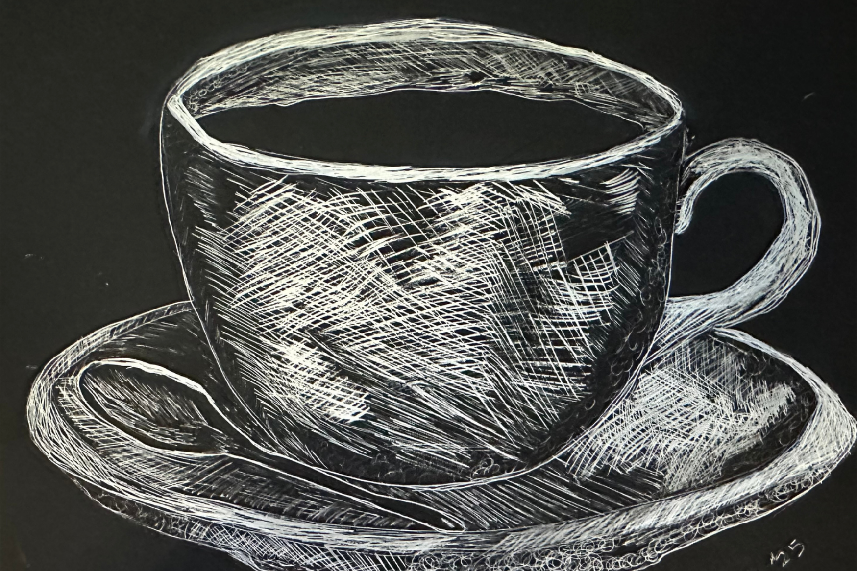 Scratch art of coffee cup and saucer, filled with dark liquid, spoon resting on saucer, white on black.  By Mary Berry - Art