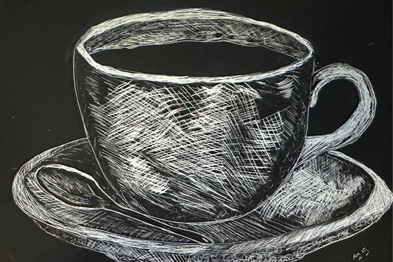 White-on-black scratch art of a coffee cup on a saucer with a spoon.By Mary Berry - Art