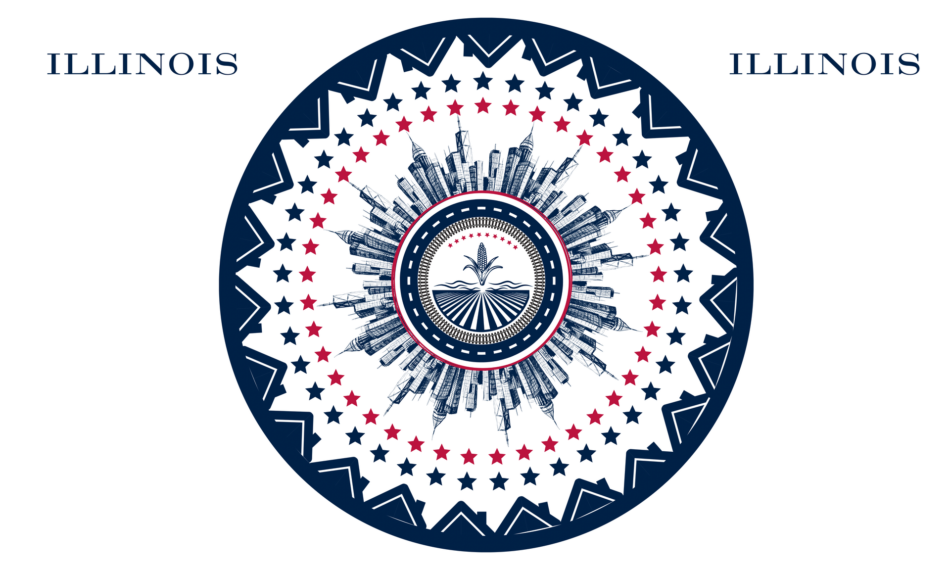 Illinois  Flag Contest.  White background with a circular emblem featuring a cityscape, stars, and the word 