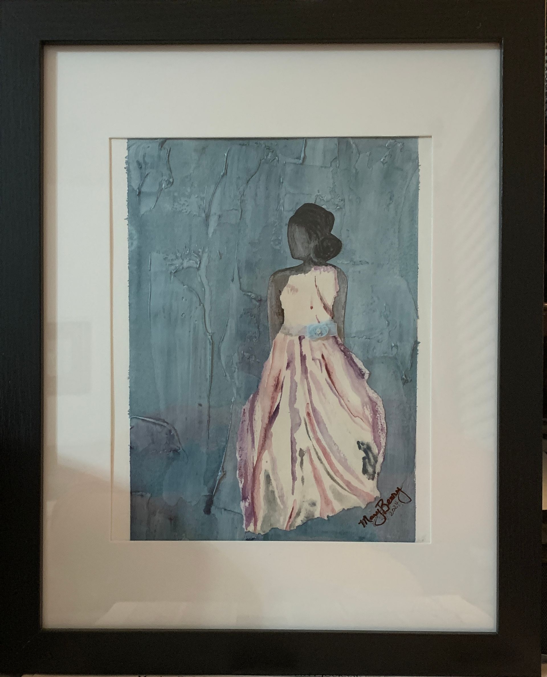 Painting of a woman in a pink dress, standing against a blue textured background, framed in black.  By Mary Berry - Art