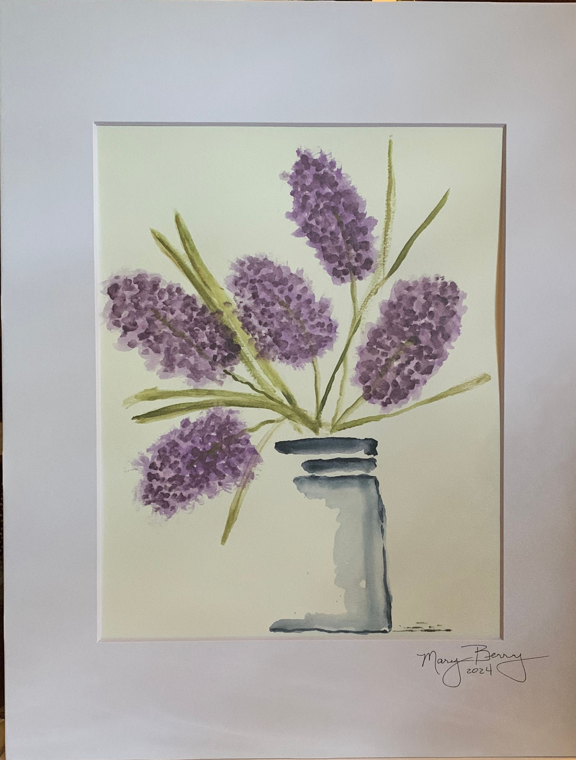 Watercolor of purple hyacinth flowers in a gray vase on a cream background, matted in white.  By Mary Berry - Art