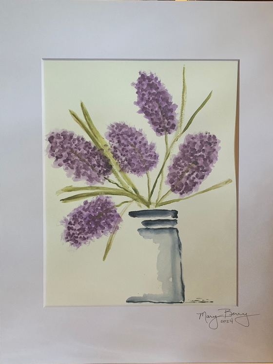 Watercolor painting of purple flowers in a gray jar, with a white mat.  By Mary Berry - Art