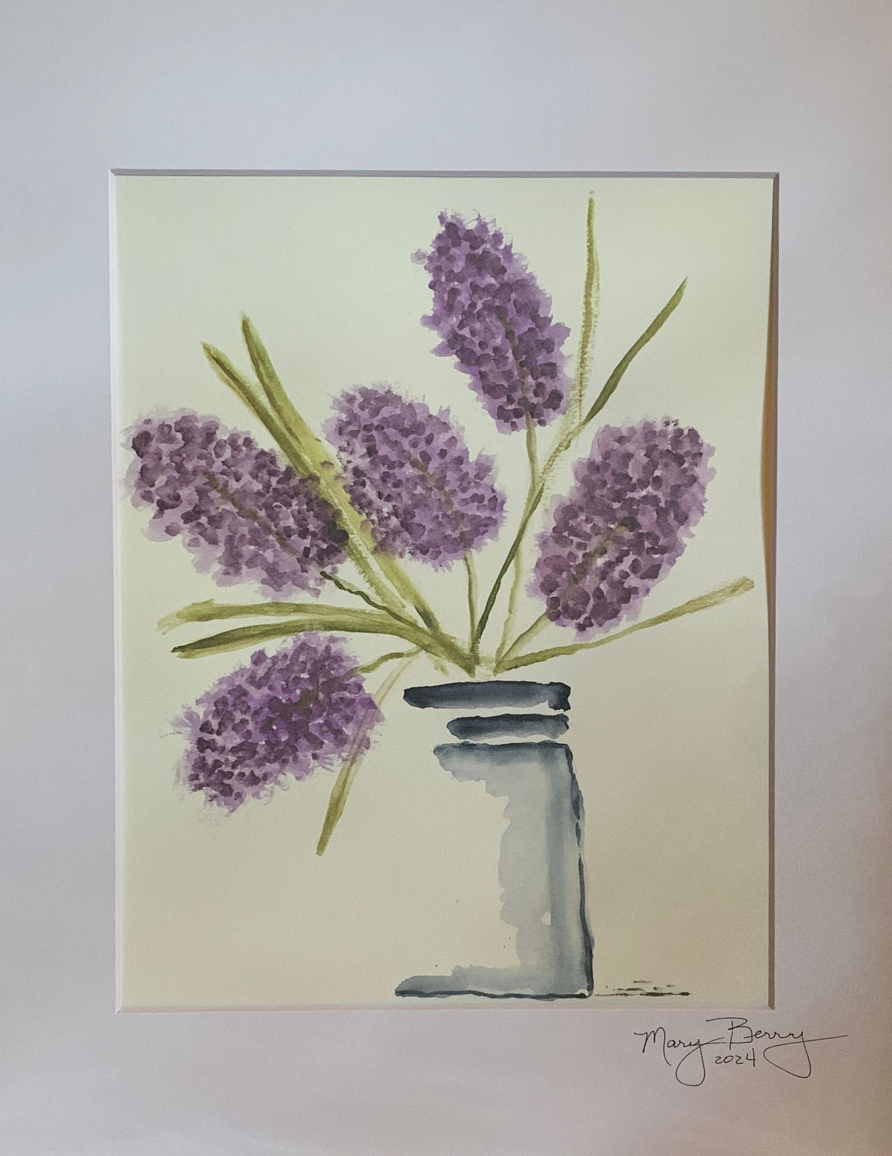 Watercolor of purple flowers in a gray vase on a cream-colored background.  By Mary Berry - Art