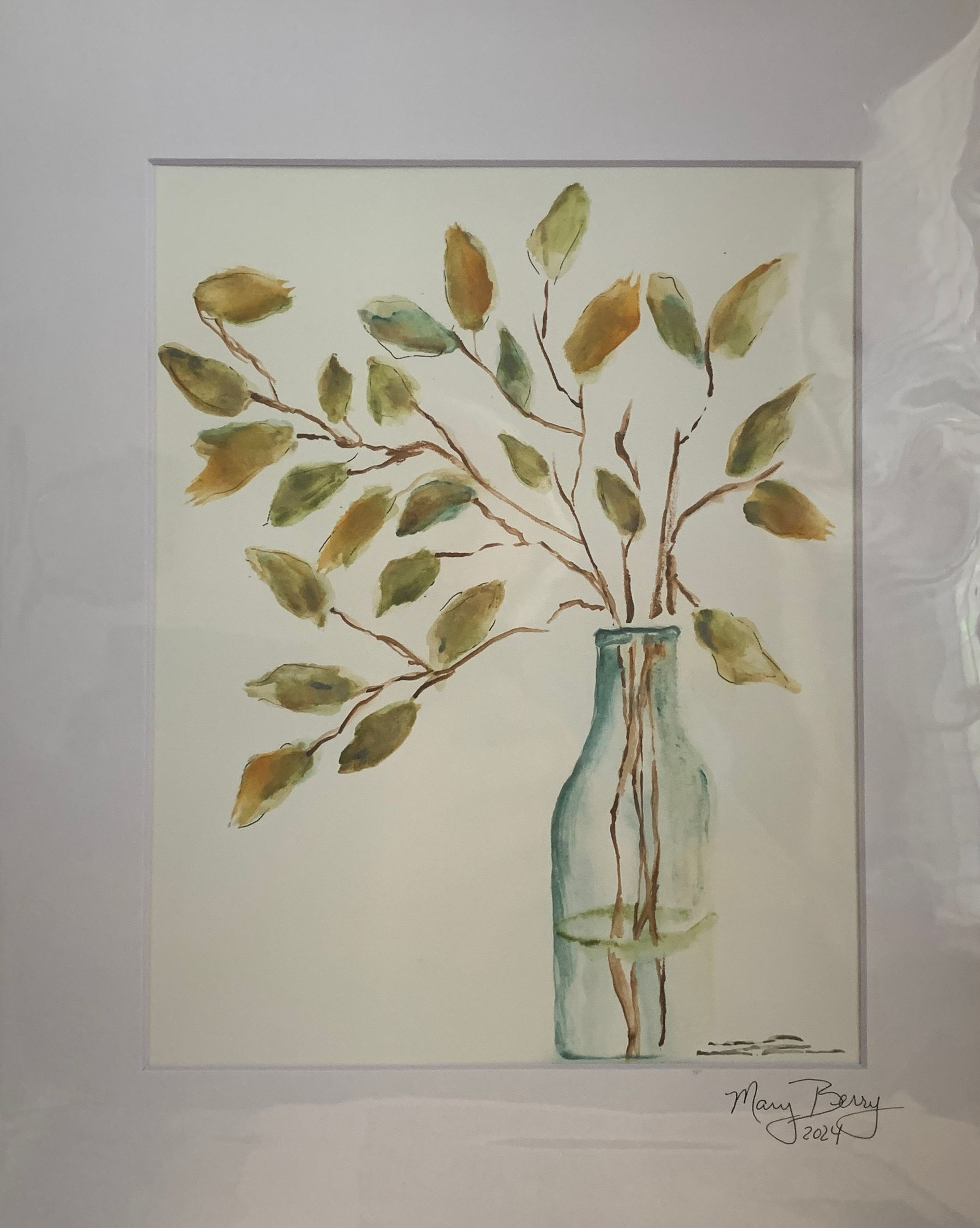 Watercolor painting of leafy branches in a light blue glass bottle on a white background.  By Mary Berry - Art