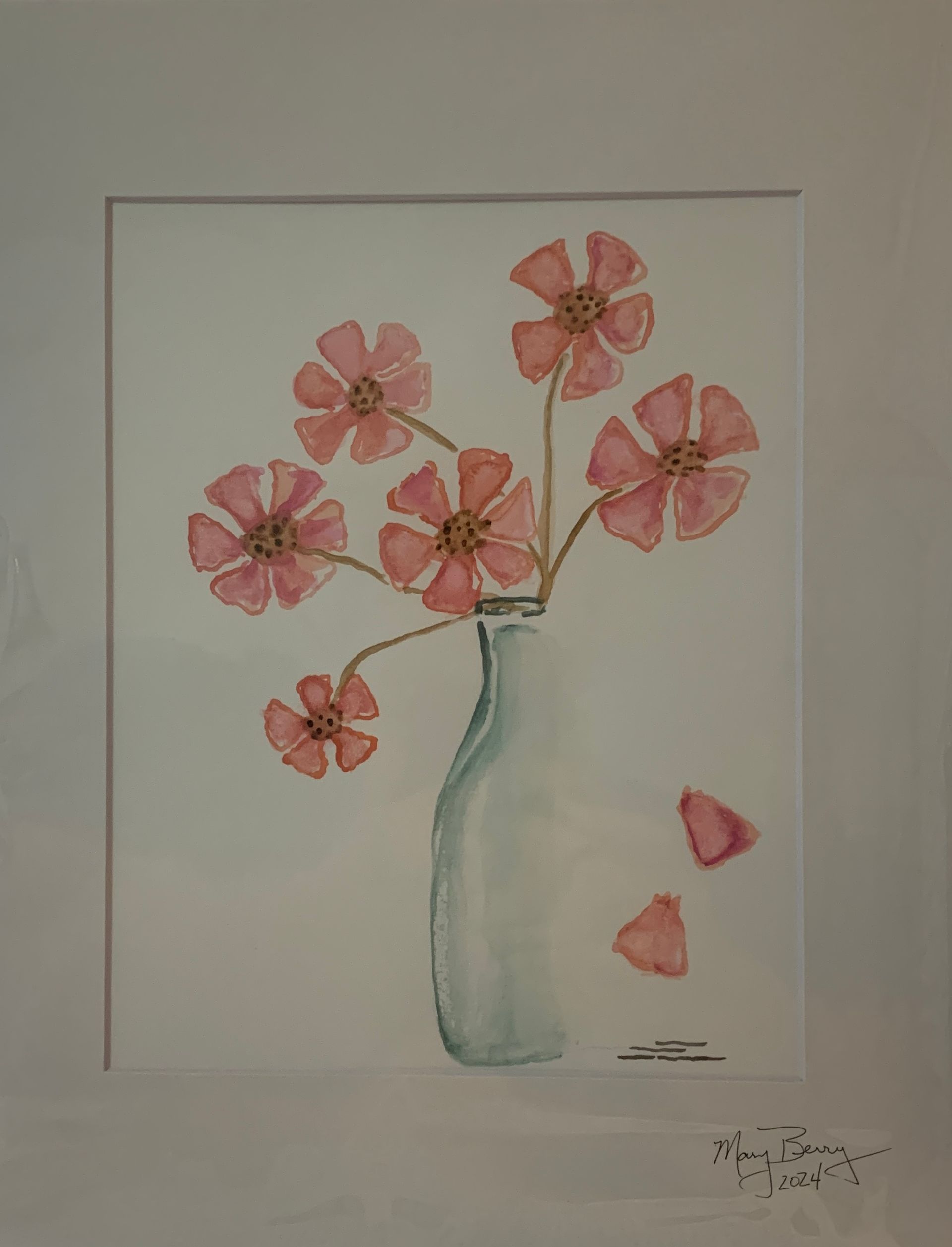 Watercolor of pink flowers in a pale blue vase, with two petals on a white background.  By Mary Berry - Art