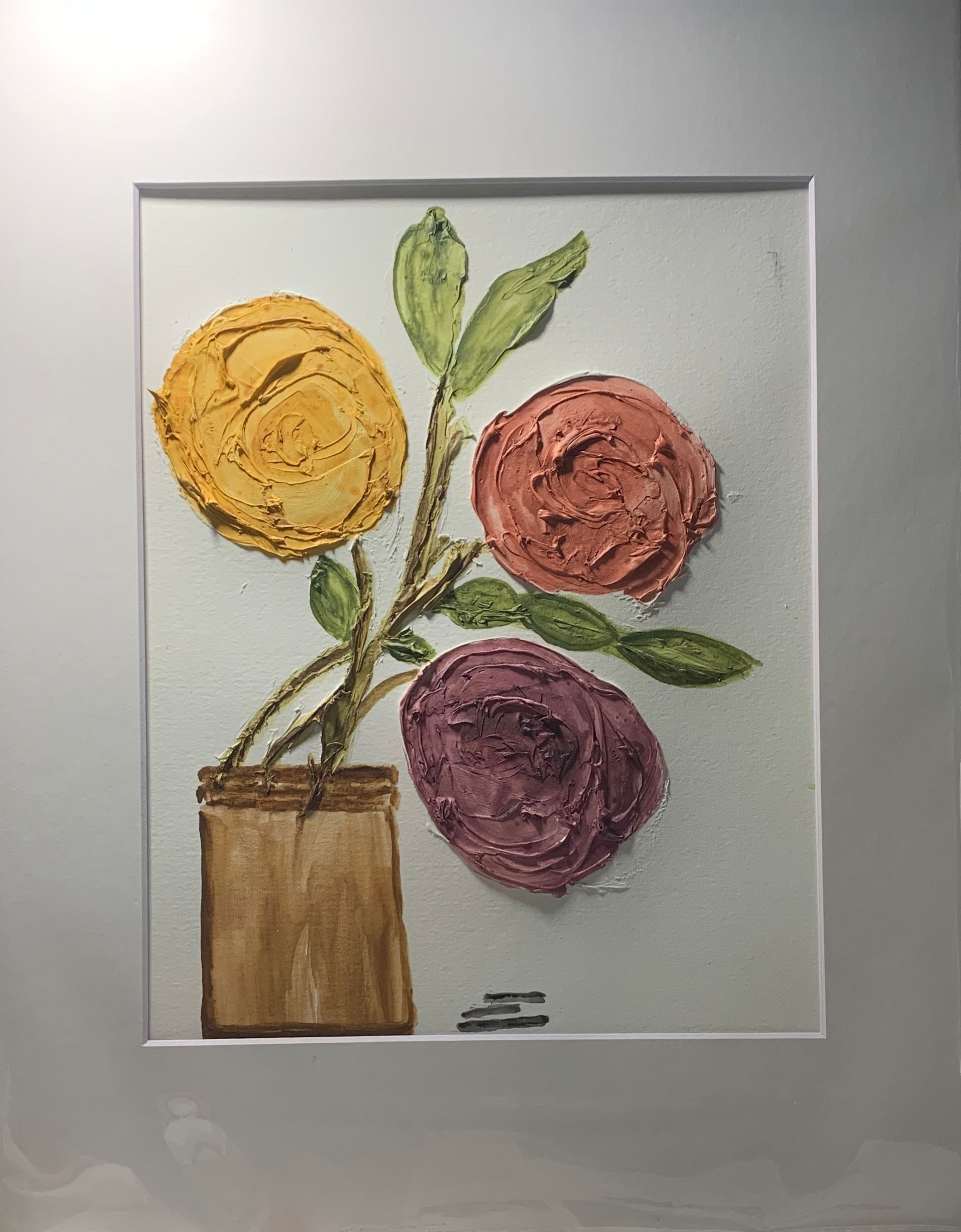 Textured floral artwork, featuring yellow, red, and purple flowers in a brown vase, framed in white.  By Mary Berry - Art