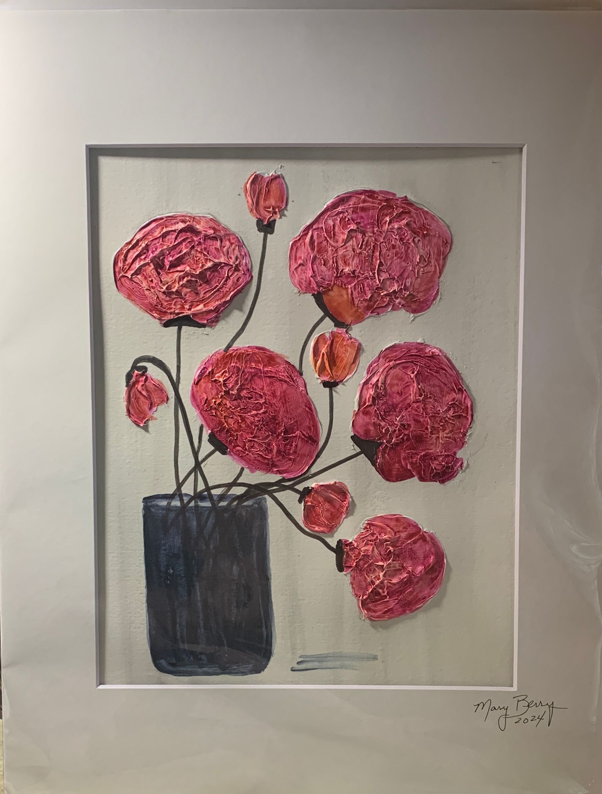 Painting of red textured flowers in a black vase on a cream background, framed.  By Mary Berry - Art