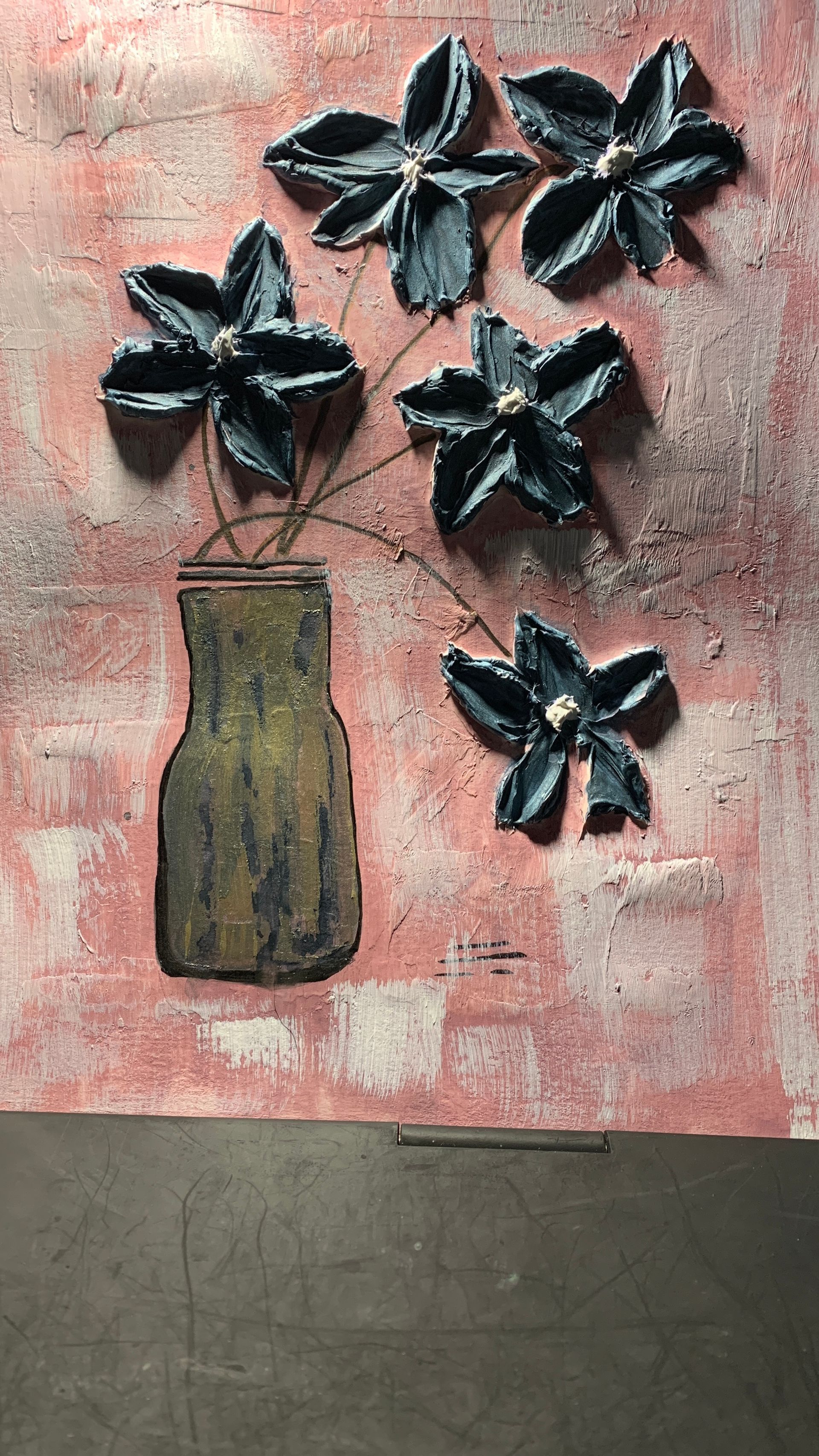Textured wall art: vase with metal flowers against a pink background.  By Mary Berry - Art