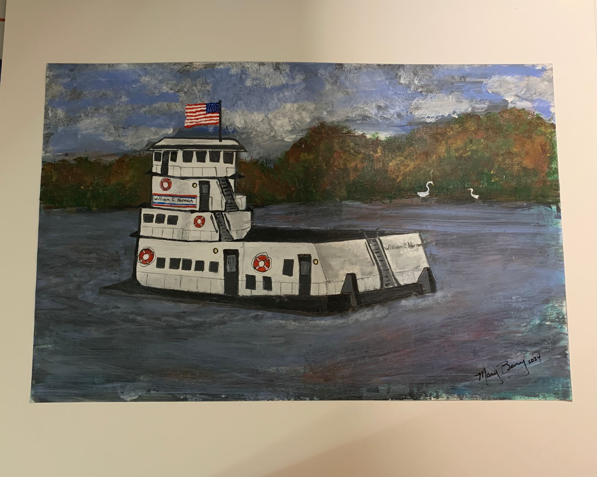 White tugboat with American flag on a blue body of water, green and brown hills in the background.  By Mary Berry - Art