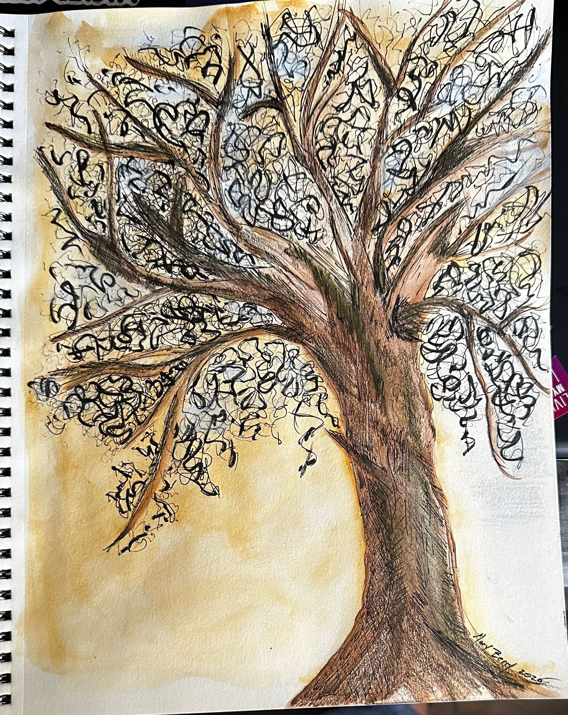 Brown tree with textured trunk and leafy branches on tan paper.  By Mary Berry - Art