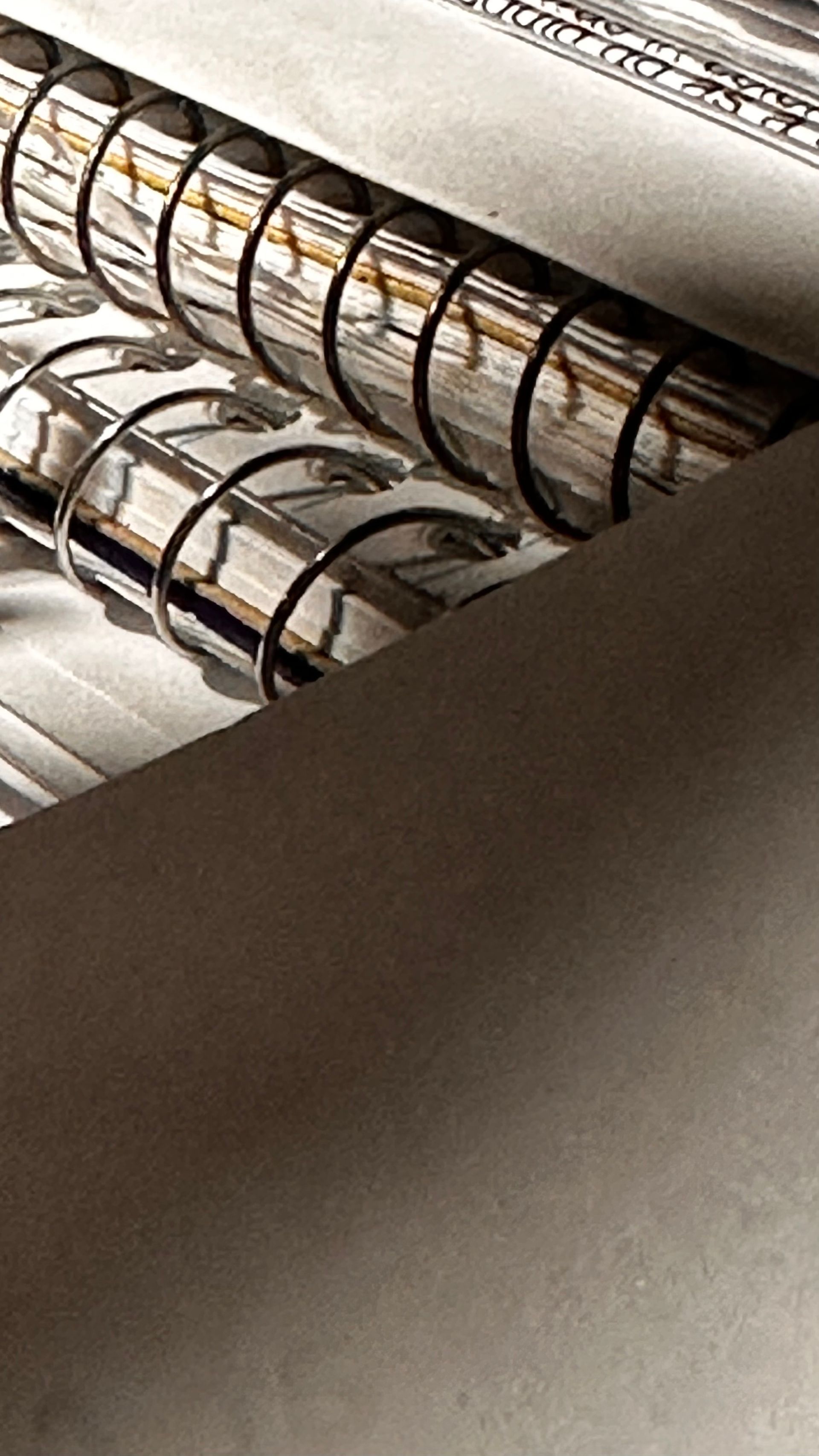 Spiral binding on a book, close-up, with gray paper and metallic rings.  By Mary Berry - Art