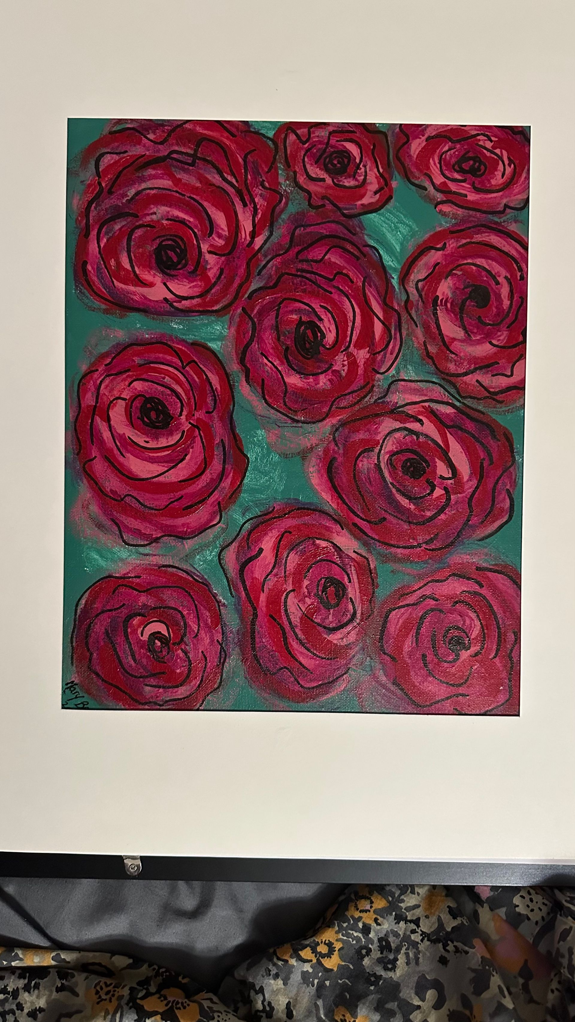Red roses against a teal background. The drawing has black outlines and is on white paper.  By Mary Berry - Art