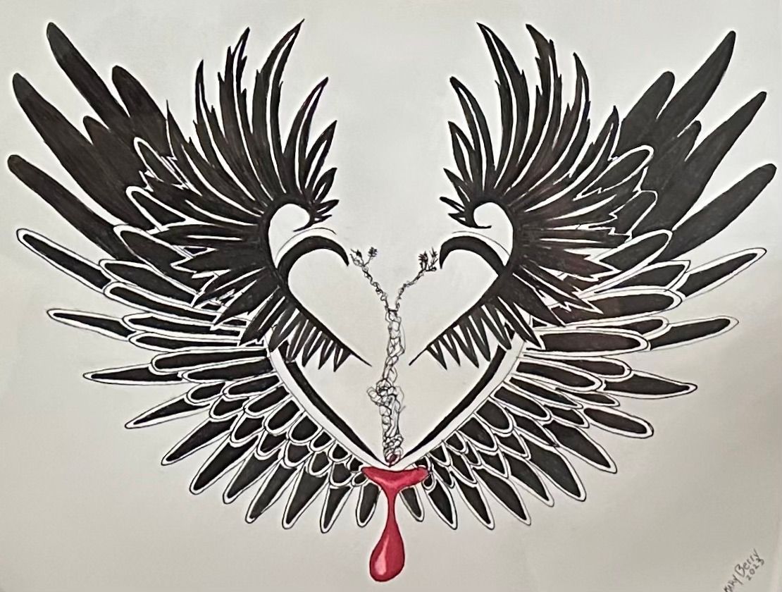 Two black wings form hearts, joined with a central stem, dripping red.  By Mary Berry - Art
