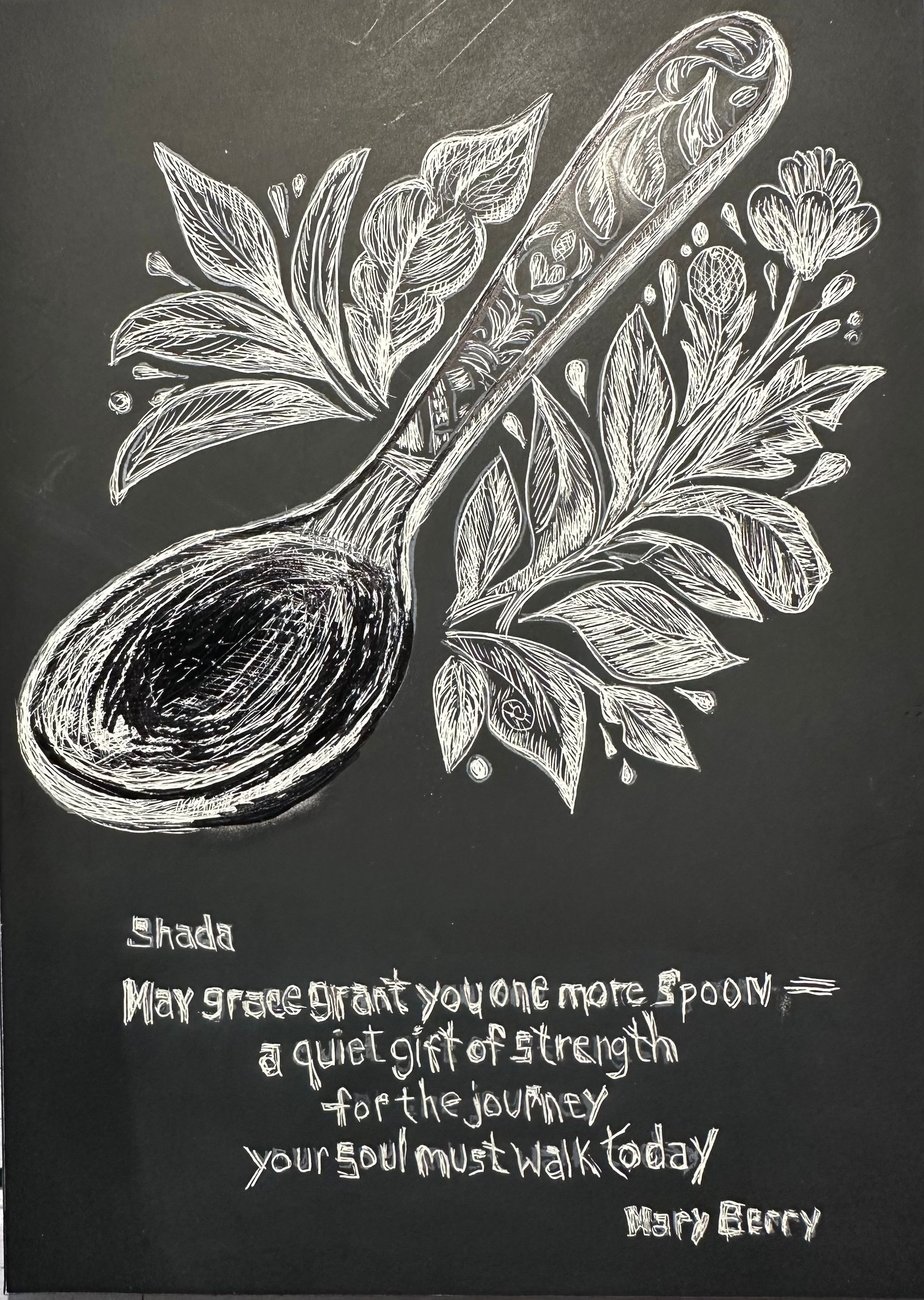 White spoon illustration with floral elements on a black background, with inspirational text by Mary Berry. By Mary Berry - Art