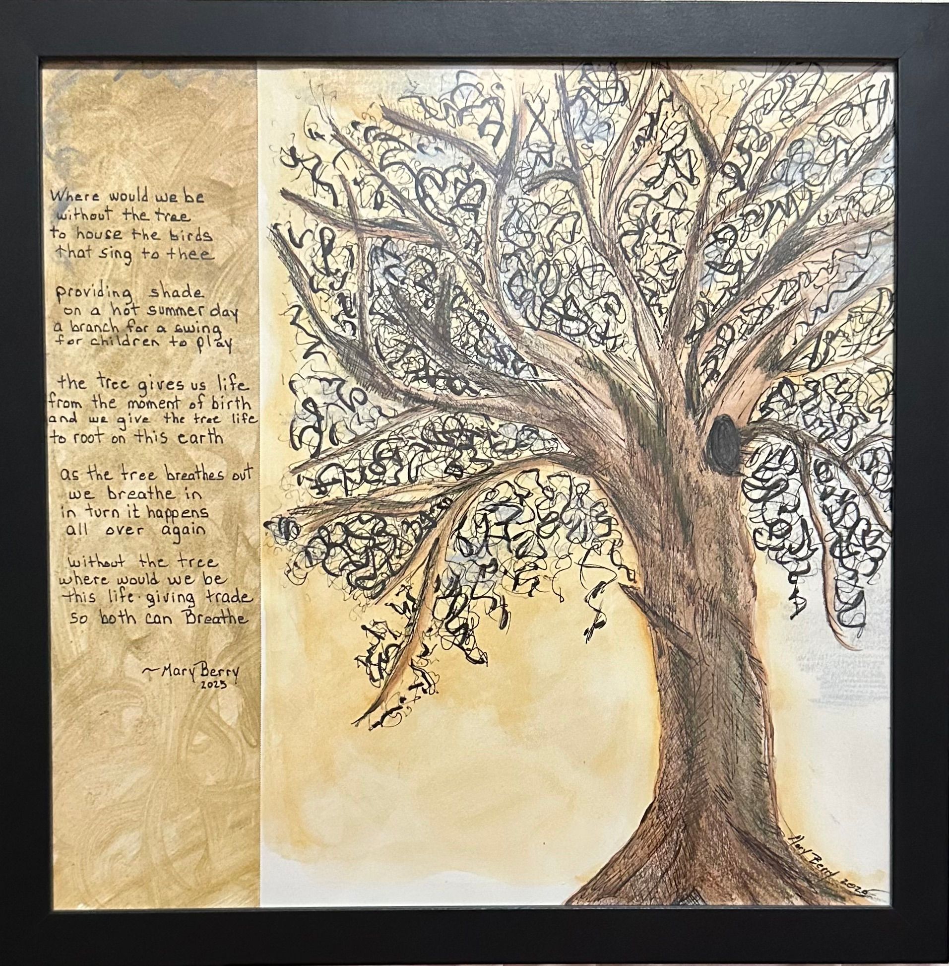 Painting of a tree with script-like leaves and a poem on a gold background, framed in black. Poem By Mary Berry - Art