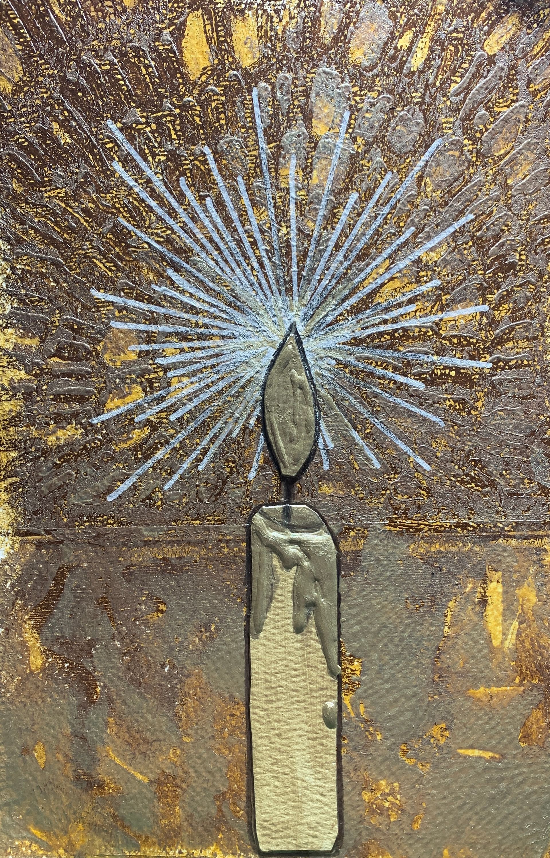 Gold-colored candle with a silver flame, radiating rays. Brown, textured background with golden specks.  By Mary Berry - Art