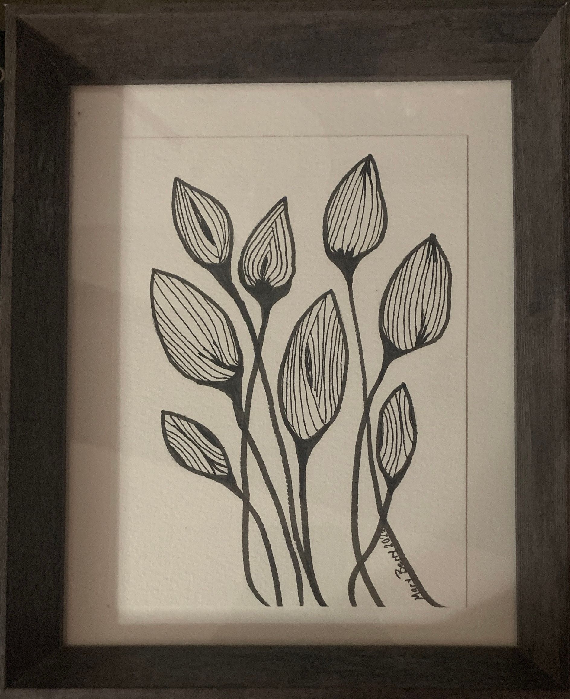 Black and white botanical line drawing of buds, framed.  By Mary Berry - Art