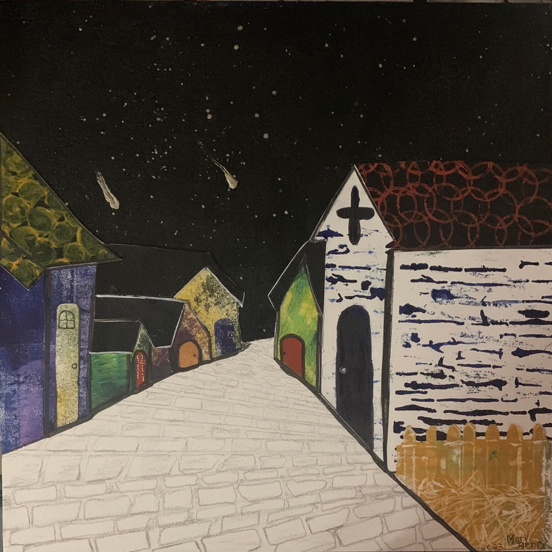 Night scene: a colorful village street under a starry sky with shooting stars.  By Mary Berry - Art