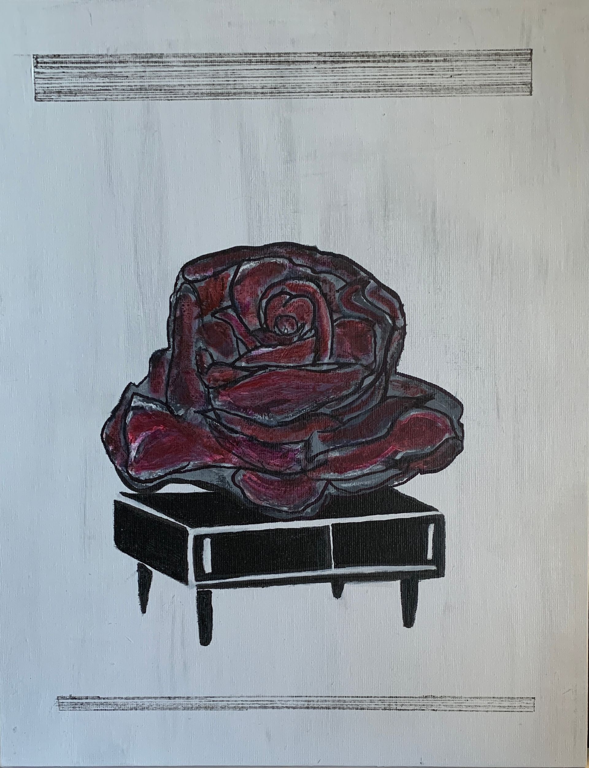 Red rose on a black stand, against a white background with horizontal black lines above and below.  By Mary Berry - Art