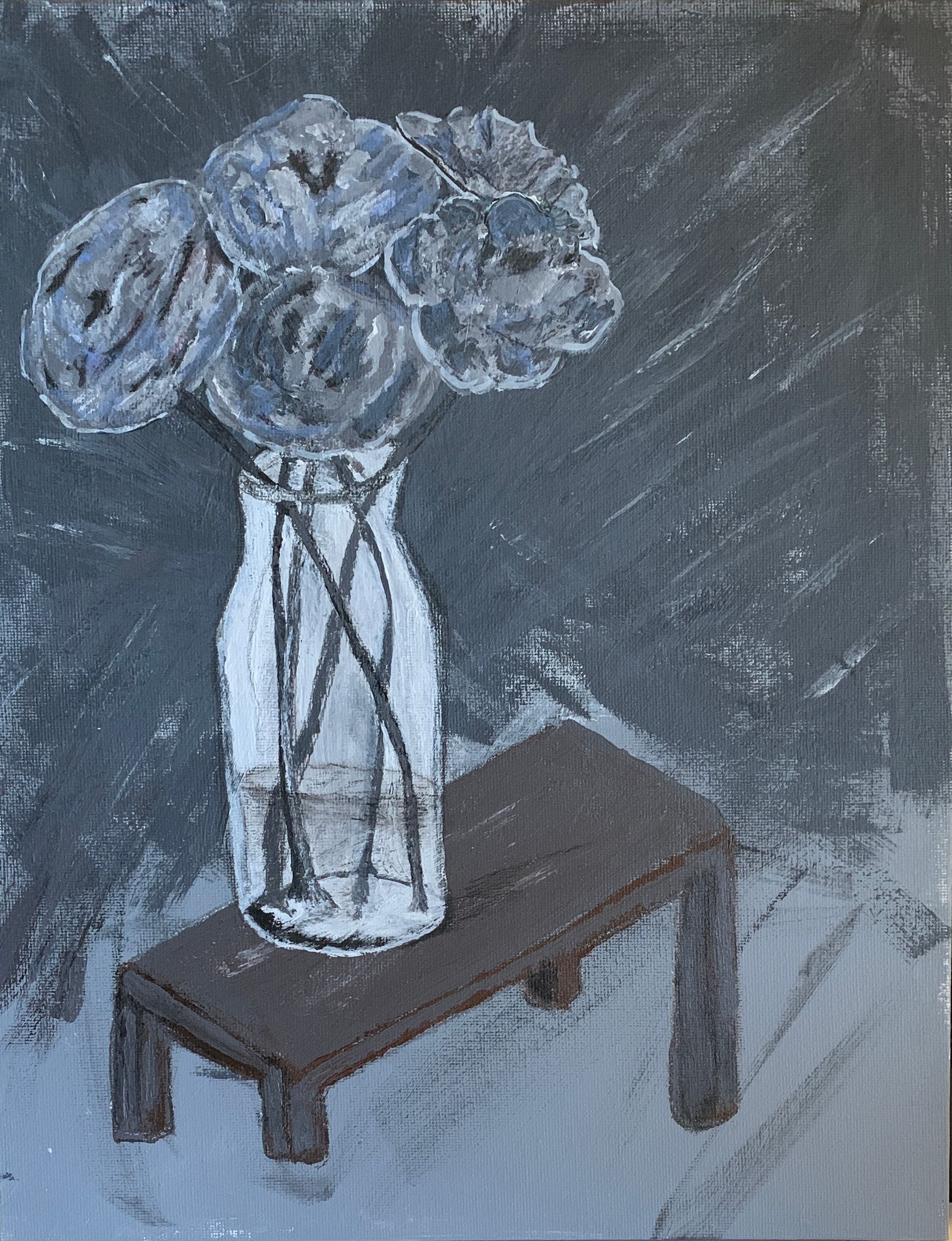 Flowers in a clear vase on a small brown table against a gray background; pastel colors.  By Mary Berry - Art